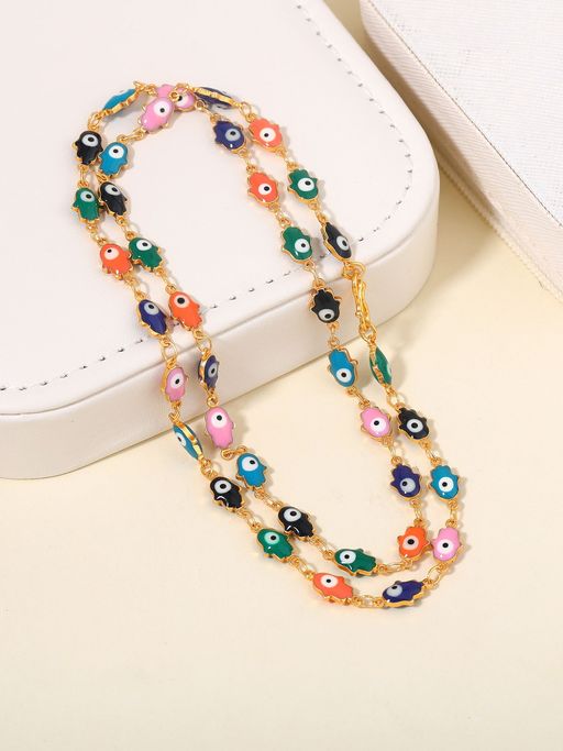 Estele Gold Plated Gehena Hand Charm Evil Eye Piece Necklace