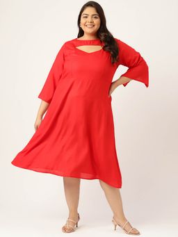 theRebelinme - Womens Red Solid Color A-line Midi Dress