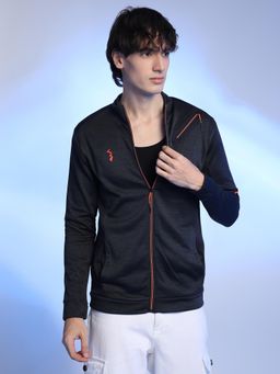 Campus Sutra - Black Heathered Reflective Detail Activewear Jacket