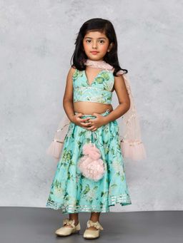 Pink Cow - Green Chanderi Floral Ghagra with Choli with Dupatta (Set of 3)