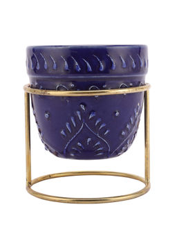 Miah Decor - Ceramic Embossed Decorative Planter Flower Pot-Indigo