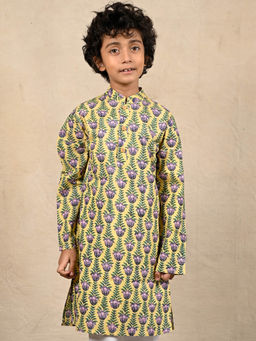 ANTHRILO - Yellow Block Print Pure Cotton Kurta - Yellow