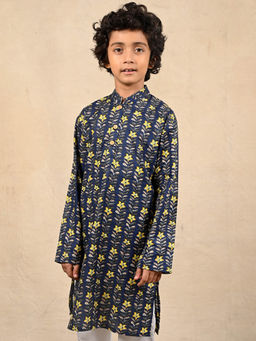 ANTHRILO - Festive Blue Floral Print Pure Cotton Kurta - Blue