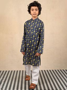 ANTHRILO - Festive Blue Floral Print Pure Cotton Kurta Pyjama Set - Blue/White