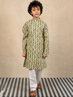 ANTHRILO - Yellow Block Print Pure Cotton Kurta Pyjama Set - Yellow/White