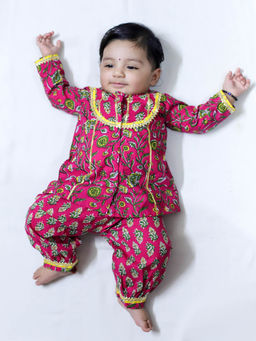 BownBee - 3/4Th Sleeve Printed Dhunki Sparkling Kurta with Harrem-Pink