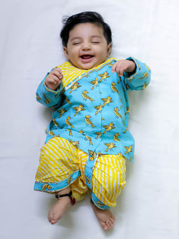 BownBee - Full Sleeve Printed Chatty Parrot Dhoti Kurta- Yellow