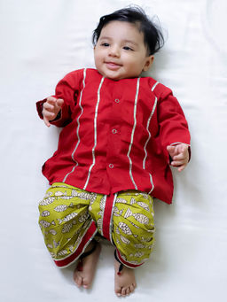 BownBee - Full Sleeve Embelised Kurta and Fish Print Dhoti-Red