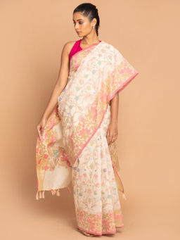 Indethnic - Banarasi Beige Woven Design Work Wear Saree With Unstitched Blouse