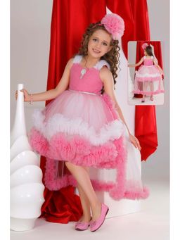 Lagorii - Pink Stone Embellished High-Low Hem Ruffle Party Dress