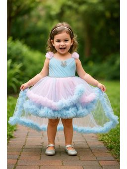 Lagorii - Blue Stone Embellished High-Low Hem Ruffle Party Dress