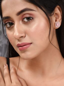 Saraf RS Jewellery - Rose Gold Plated Pink AD Studded Square Shaped Stud Earrings
