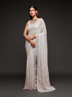 Odette - Women's White Georgette Designer Sequins Saree with Unstitched Blouse