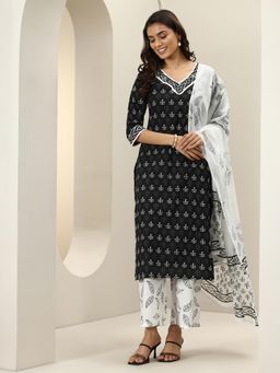 Libas - Black Printed Straight Kurta with Wide Leg Palazzo & Dupatta (Set of 3)