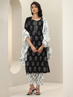 Libas - Black Ethnic Motif Printed Straight Kurta with Salwar & Dupatta (Set of 3)