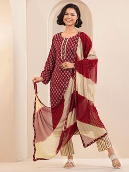 Libas - Maroon Floral Printed Straight Kurta with Pant & Chiffon Dupatta (Set of 3)