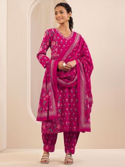 Libas - Pink Floral Printed Panelled A-Line Kurta with Salwar & Dupatta (Set of 3)