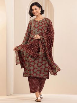 Libas - Rust Ethnic Motif Ajrakh Printed Straight Kurta with Pant & Dupatta (Set of 3)