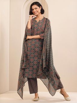 Libas - Grey Ethnic Motif Ajrakh Printed Straight Kurta with Pant & Dupatta (Set of 3)