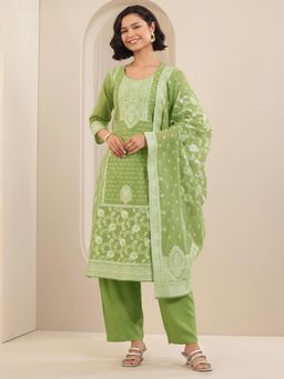 Libas - Green Floral Woven Design Straight Kurta & Pant with Dupatta (Set of 3)