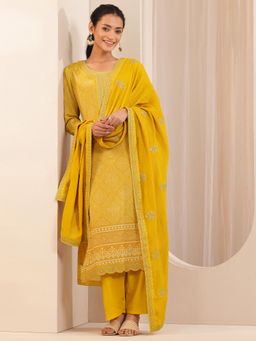 Libas - Mustard Chevron Embroidered Zari Work Straight Kurta & Palazzo with Dupatta (Set of 3)