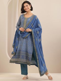 Libas - Blue Bandhani Printed Yoke Embroidered Straight Kurta & Palazzo with Dupatta (Set of 3)