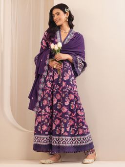 Libas - Purple Floral Printed Anarkali Kurta with Pant & Dupatta (Set of 3)