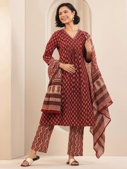Libas - Maroon Floral Printed Panelled A-Line Kurta with Trouser & Dupatta (Set of 3)