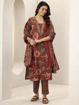 Libas - Maroon Floral Printed Straight Kurta with Pant & Dupatta (Set of 3)