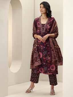 Libas - Wine Floral Printed Straight Kurta with Pant & Dupatta (Set of 3)