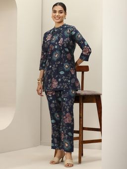 Libas - Navy Blue Floral Printed Pintuck Shirt with Trouser (Set of 2)