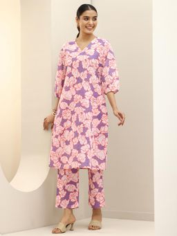 Libas - Purple Floral Printed Schiffli Kurta with Schiffli Palazzo (Set of 2)