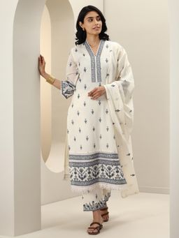 Libas - Off White Floral Embroidered Kurta with Lining & Pant, Dupatta (Set of 3)