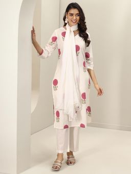 Libas - White Floral Printed Straight Kurta with Pant & Chiffon Dupatta (Set of 3)