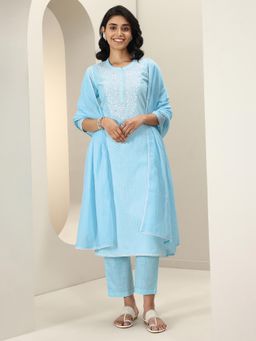 Libas - Blue Floral Yoke Embroidered Woven Design Kurta with Pant & Cotton Dupatta (Set of 3)