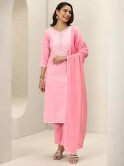 Libas - Pink Floral Yoke Embroidered Kurta with Pant with Chiffon Dupatta (Set of 3)