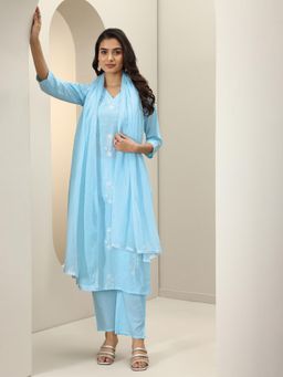 Libas - Blue Floral Embroidered Straight Kurta with Pant & Cotton Dupatta (Set of 3)