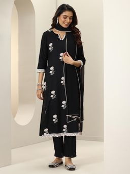 Libas - Black Floral Embroidered Straight Kurta with Pant & Chiffon Dupatta (Set of 3)