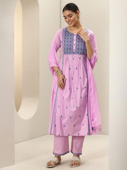 Libas - Purple Floral Embroidered Straight Kurta with Pant & Chiffon Dupatta (Set of 3)