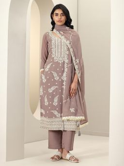 Libas - Mauve Floral Embroidered Straight Kurta with Lining & Palazzo, Dupatta (Set of 3)