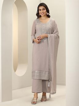 Libas - Grey Floral Embroidered Panelled Kurta with Lining & Palazzo, Dupatta (Set of 3)