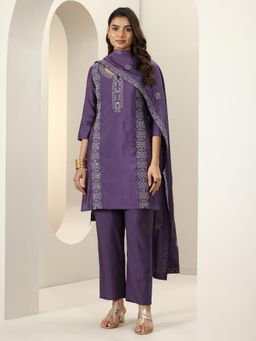 Libas - Purple Ethnic Motif Embroidered Straight Kurta with Palazzo & Dupatta (Set of 3)