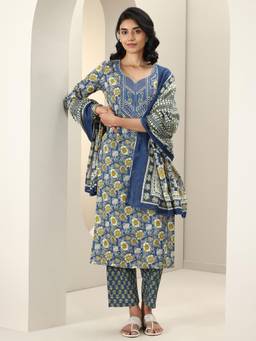 Libas - Blue Floral Printed Straight Kurta with Pant & Dupatta (Set of 3)