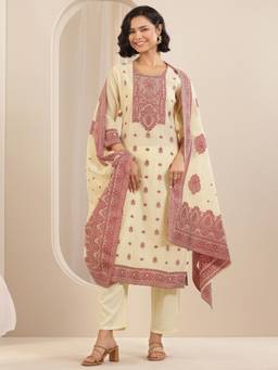 Libas - Cream Woven Design Straight Kurta with Pant & Dupatta (Set of 3)