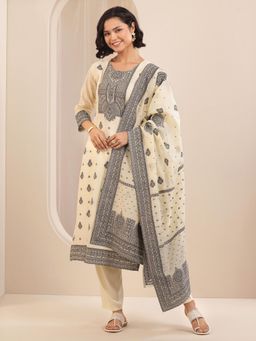Libas - Cream Woven Design Straight Kurta with Pant & Dupatta (Set of 3)