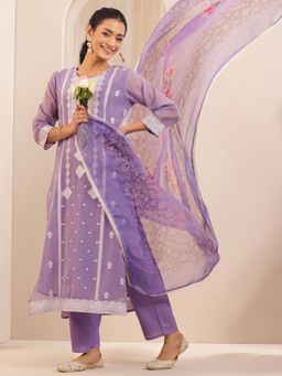 Libas - Lavender Woven Design Straight Kurta with Pant & Dupatta (Set of 3)