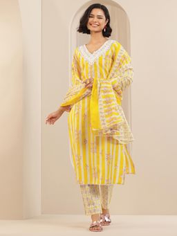 Libas - Yellow Floral Stripes Printed Straight Kurta with Pant & Dupatta (Set of 3)