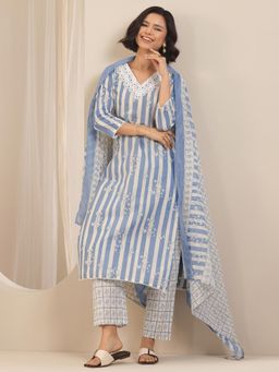 Libas - Blue Floral Stripes Printed Straight Kurta with Pant & Dupatta (Set of 3)