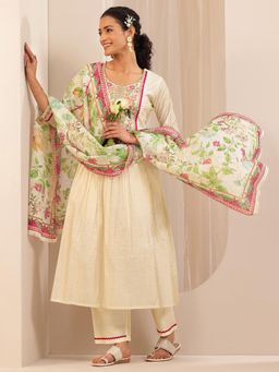 Libas - Off White Floral Block Print A-Line Pleated Kurta with Pant & Dupatta (Set of 3)