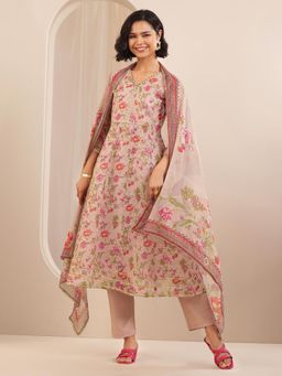 Libas - Pink Floral Printed A-Line Kurta with Pant & Dupatta (Set of 3)